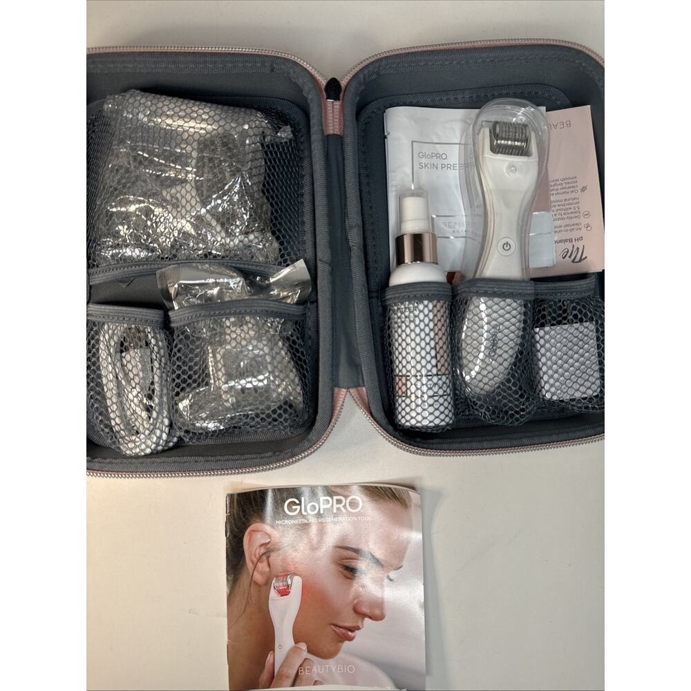 Beauty GloPRO at-home micro needling rejuvenation tool with a pink travel case